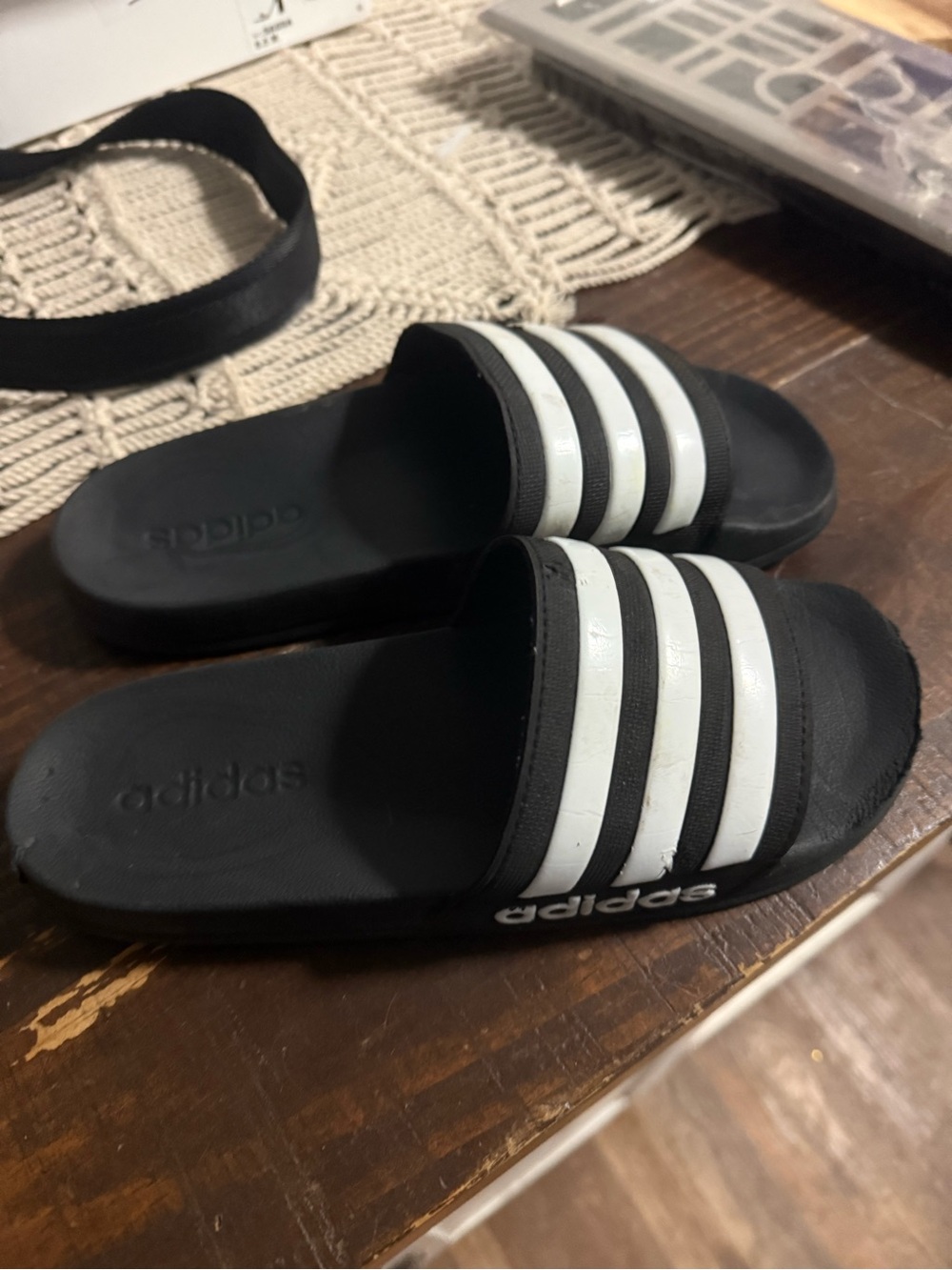 adidas Black Slide Sandals with White Stripes - Kids
